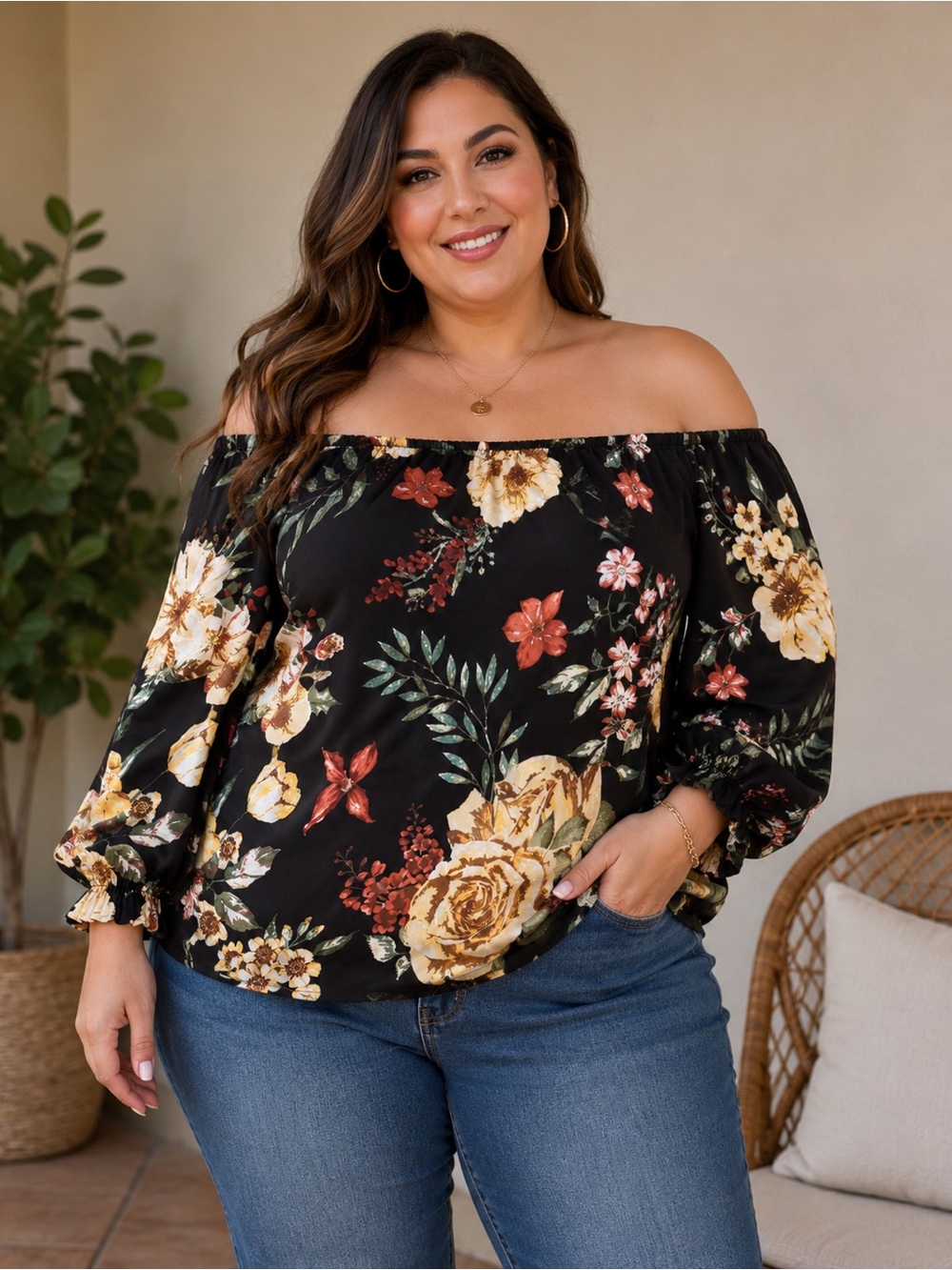 Flying Tomato Black Off-Shoulder Floral Blouse